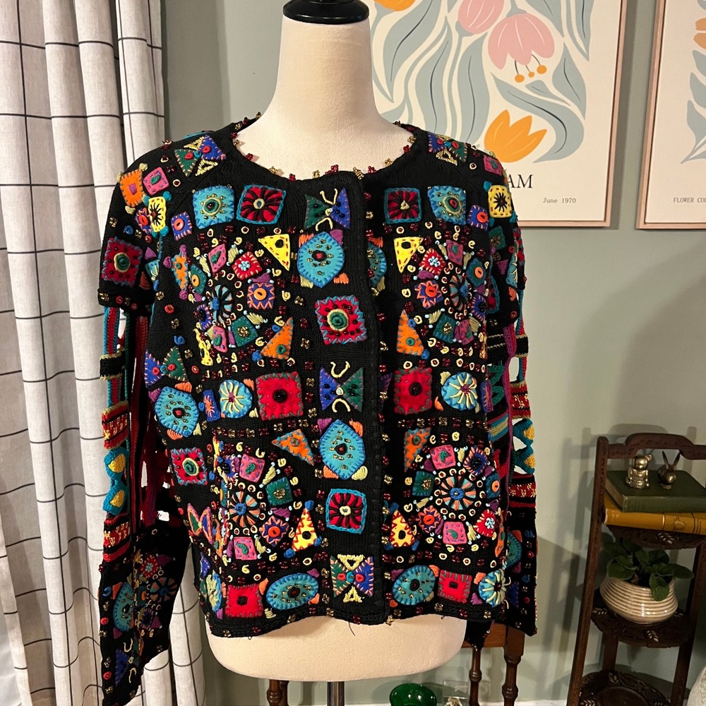 Michael Simon Vntg Beaded Embroidered Cardigan Black Multi Color Art Knit 2